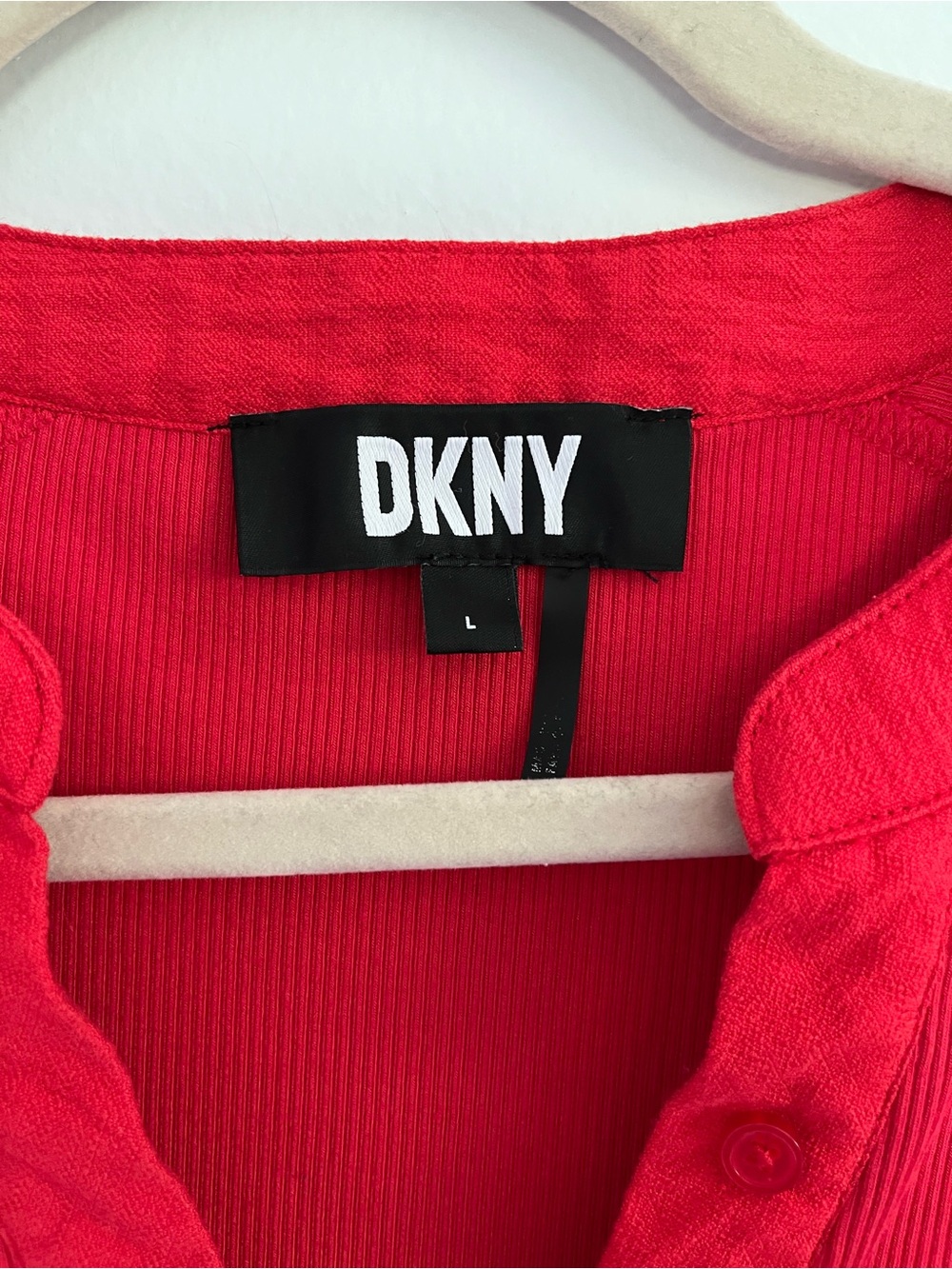 DKNY Red Mixed Media Puff-Sleeve Henley Top Romantic Casual Modern Tomato Girl L - Picture 3 of 6